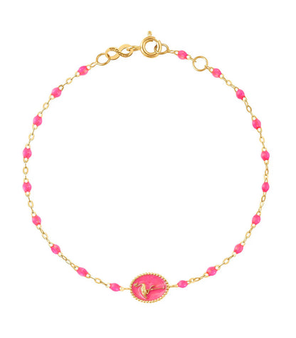 Bracelet Or Jaune, Perles de résine, Médaille Flamant