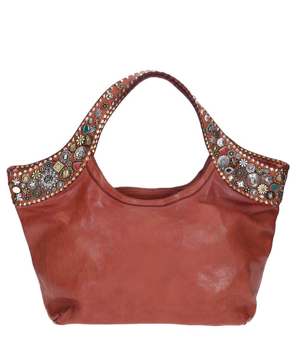 Cabas en Cuir Camel et Clous Vintage